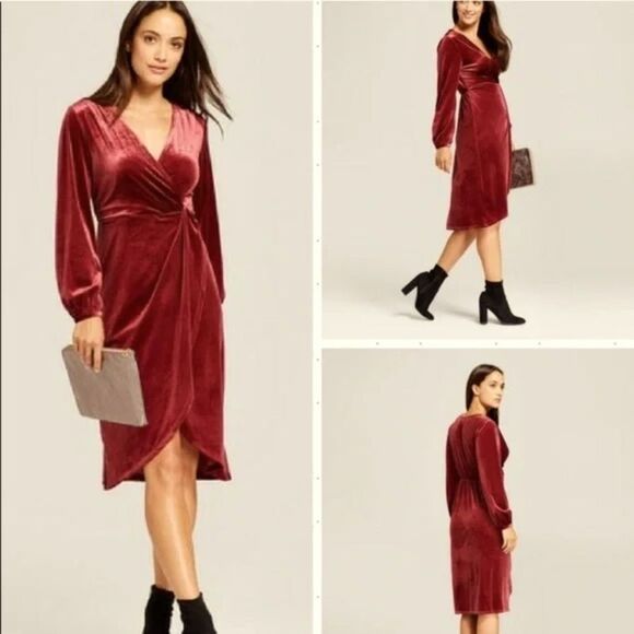 Burgundy velvet holiday dress, V-Neck with stretch - Picture 1 of 15